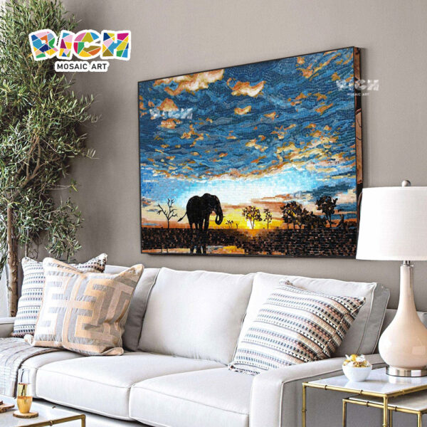 RM-AN03 éléphant africain Prairies murales paysage Handcut verre Art