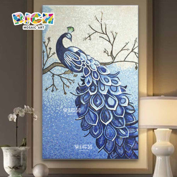 RM-AN15 Blue Peacock Glass Art Mosaic For Bedroom Hanging Mural