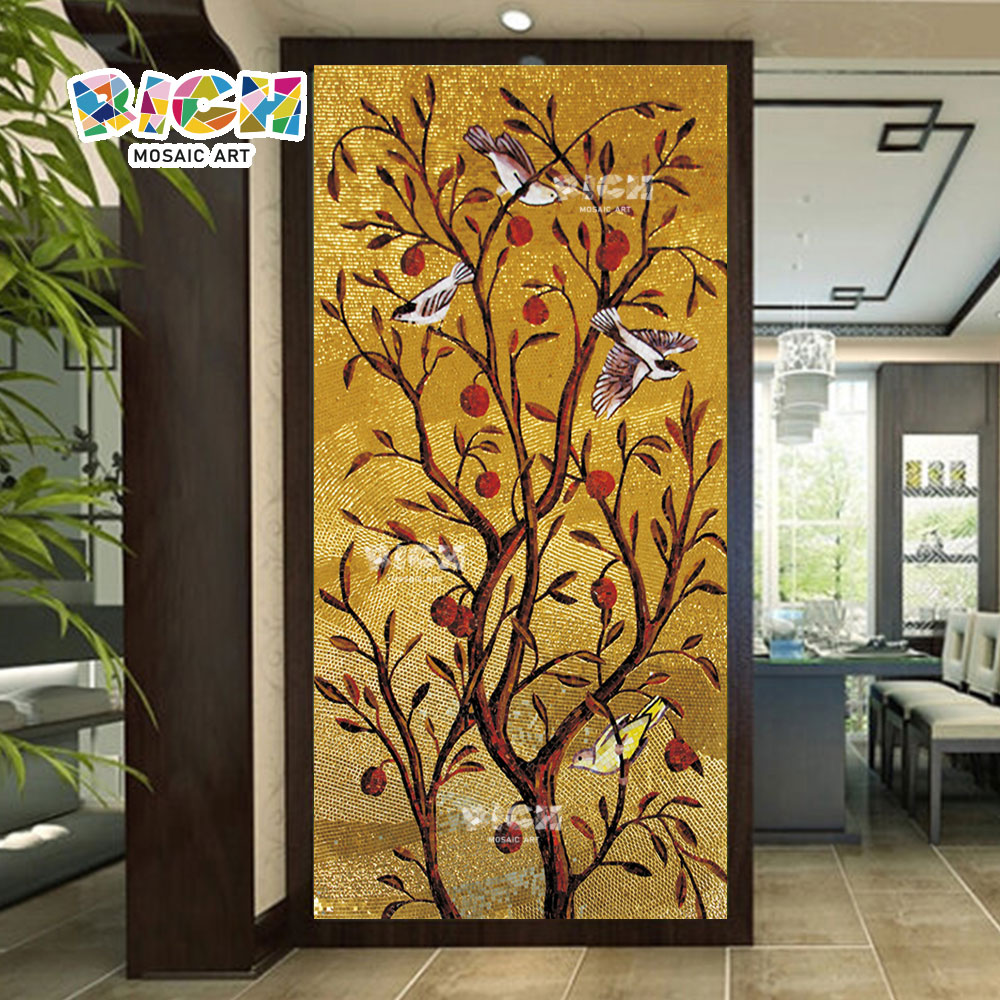 RM-AN22 Gold Backsplash Wall Art Bird With Tree Living Room Mural Idea
