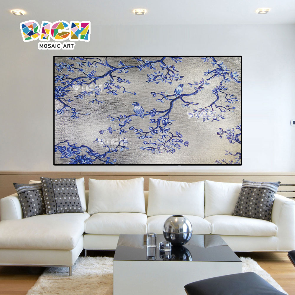 RM-AN23 Blue Bird Silver Background Glass Mural For House