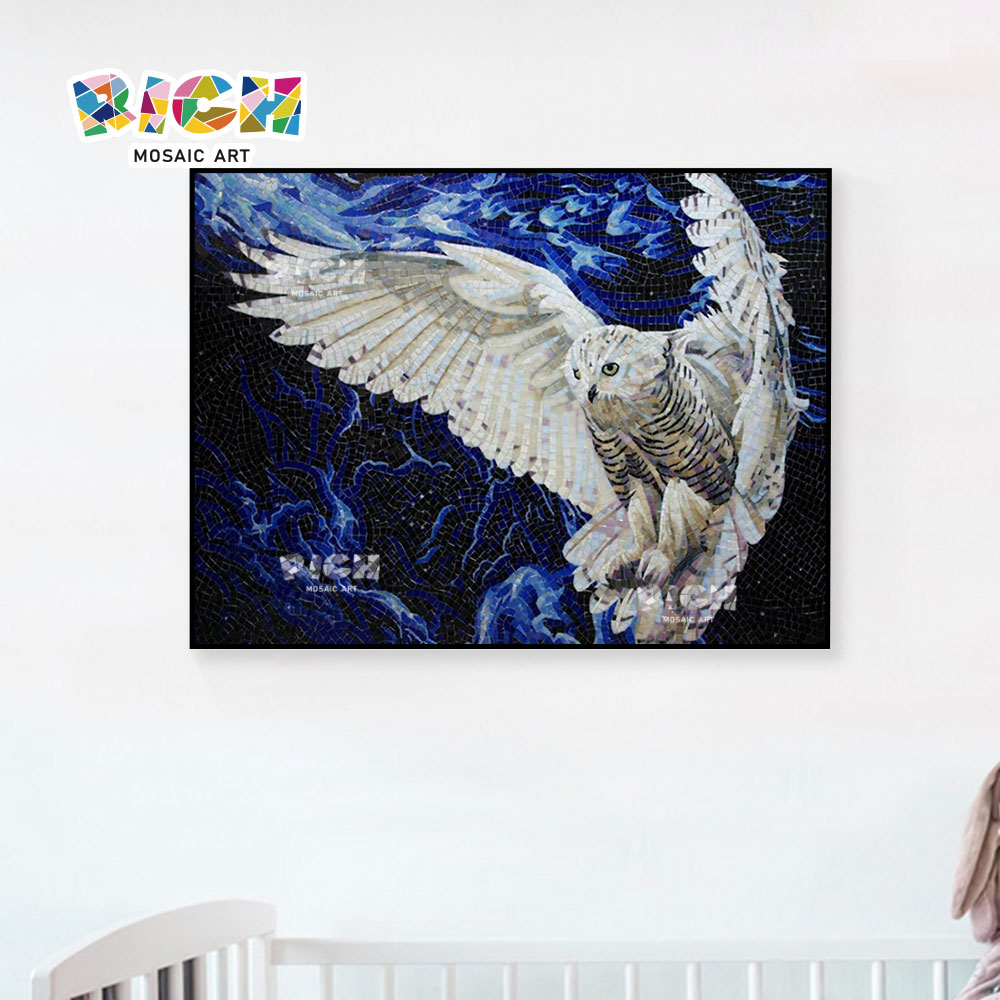 RM-AN32 White Owl Glass Mural Tile For Child Bedroom Wall Hanging