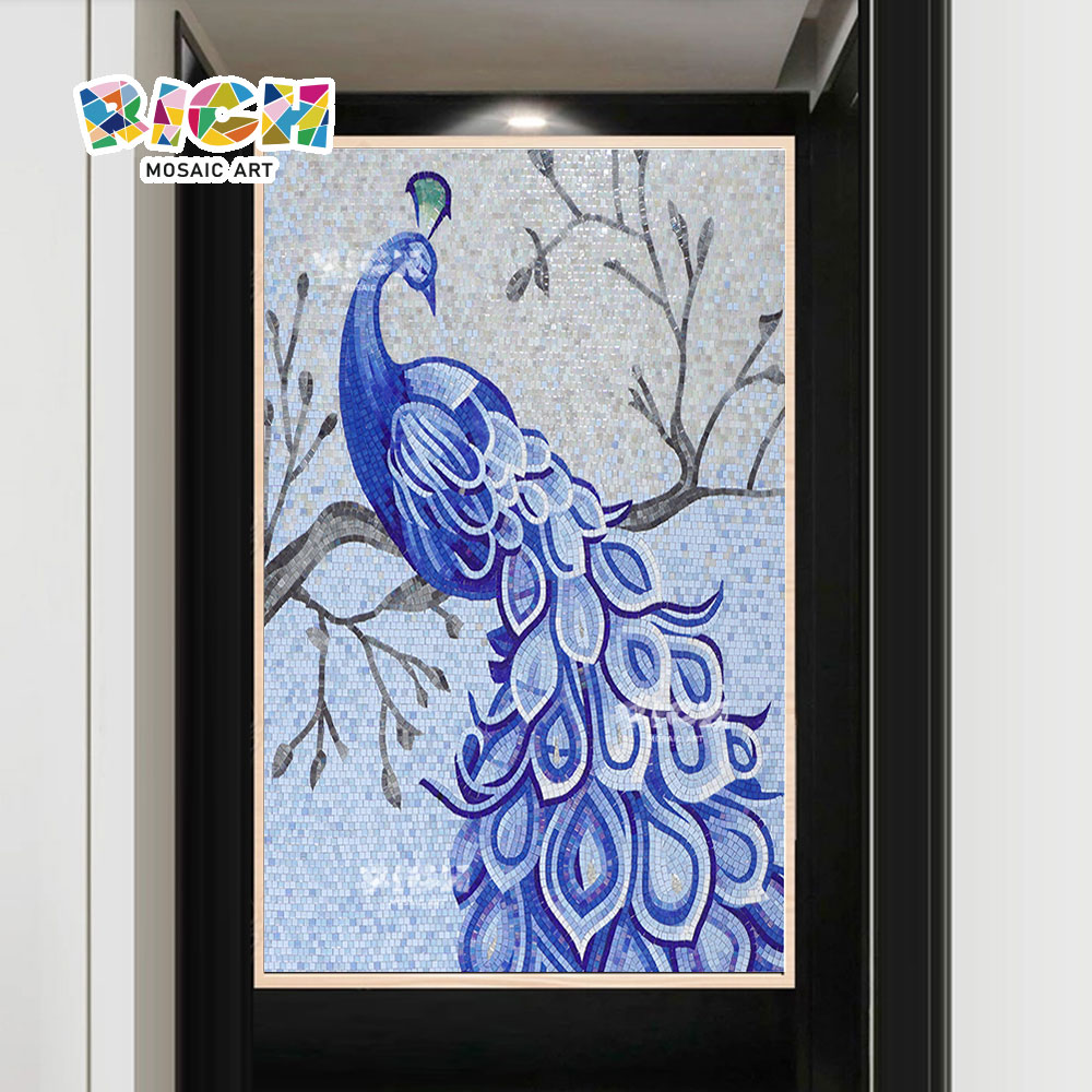 RM-AN49 Blue Peacock Design Backsplash Hanging Glass Mosaic Murals
